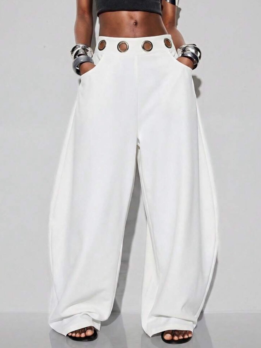 White Summer Oversized Vacation Flared Harem Pants,Silver Metal